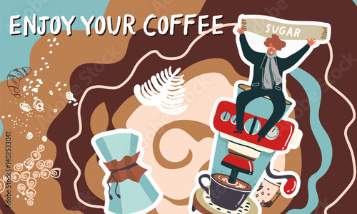 Collage coffee lovers, people characters, coffee supplies, background, template, web design, Inspiration, idea, trendy style. Background, template, banner. Hand drawn vector illustration.