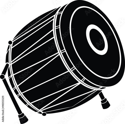 Dhol Silhouette Black Vector | Traditional Drum Design for Cultural and Festive Art Projects