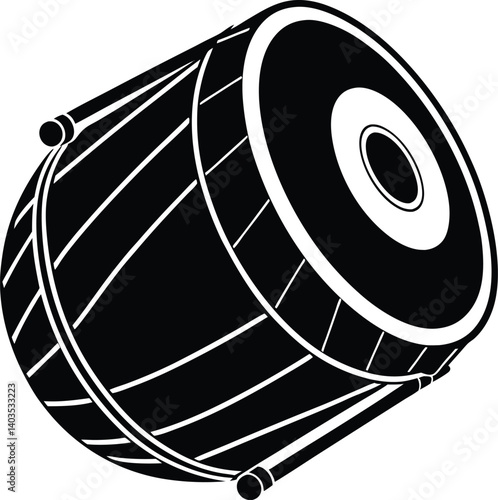 Dhol Silhouette Black Vector | Traditional Drum Design for Cultural and Festive Art Projects