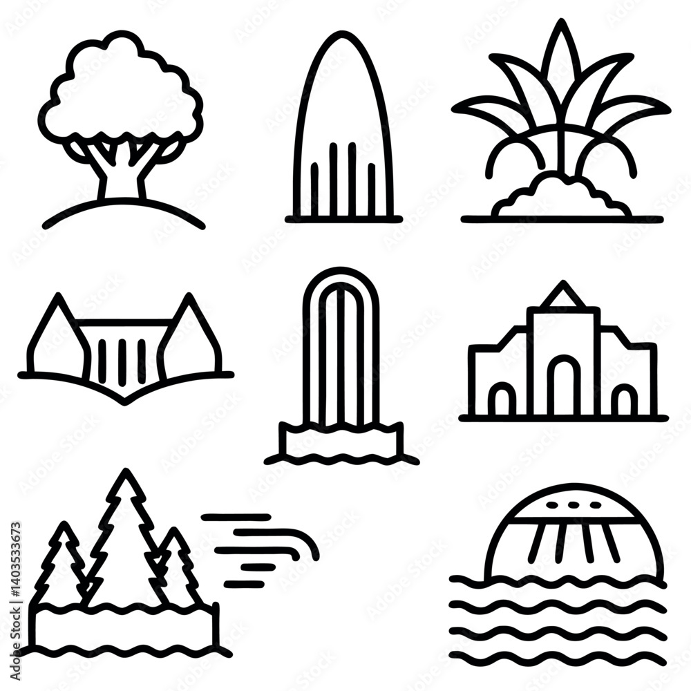 Collection of Simple Black and White Waterfall and Geothermal Icons Collection of Simple Black and White Waterfall and Geothermal Icons