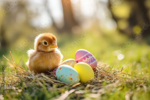 Chick among colorful Easter eggs in sunlight