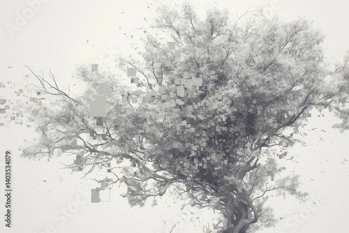 A tree with leaves dissolving into pixelated squares against a bright white background