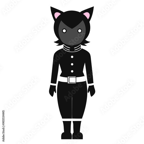 A mysterious black cat-girl in a sleek uniform stands silently, exuding an air of quiet strength and enigmatic charm with bold black and white design.