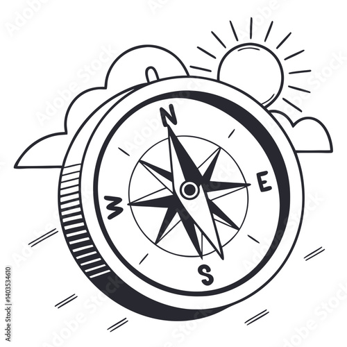 A trusty compass guides your journey under a sunny sky, a bold hand-drawn illustration with a dynamic motion feel.