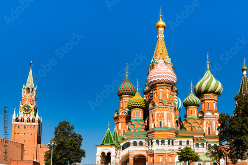 Cathedral of Vasily the Blessed (Saint Basil's Cathedral) and Spasskaya Tower on Red Square in Moscow, Russia