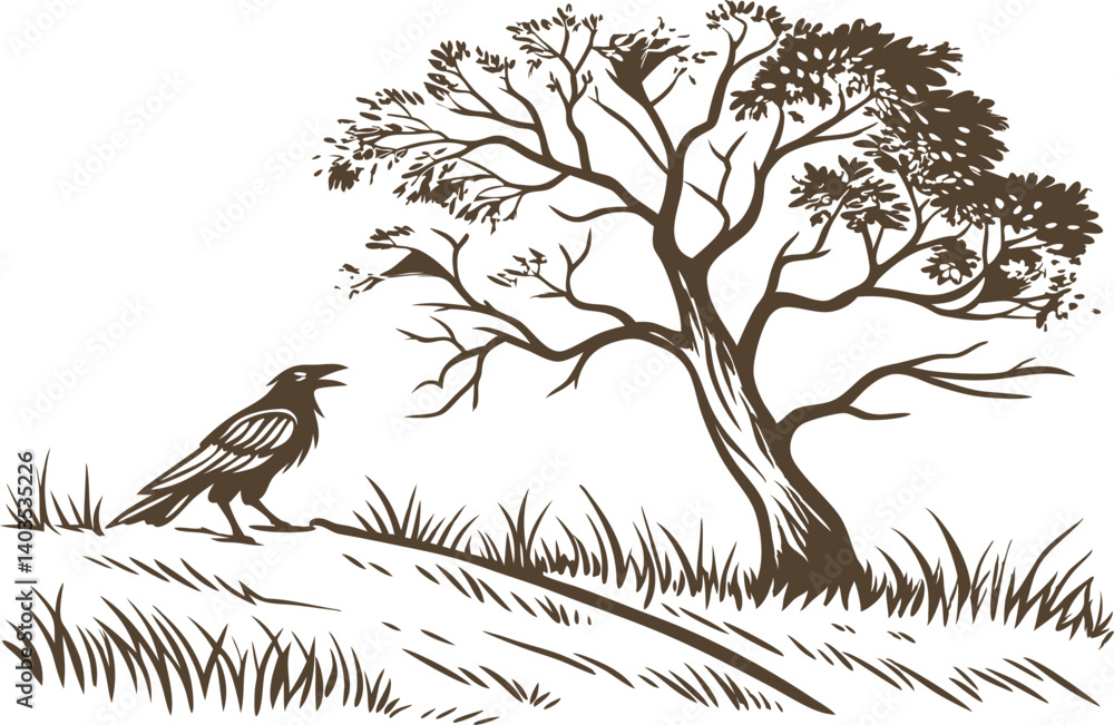 Obraz premium Hand-drawn illustration of a majestic eagle perched on a tree branch in a forest, symbolizing freedom, nature, and wildlife, perfect for nature-themed designs and wildlife art.