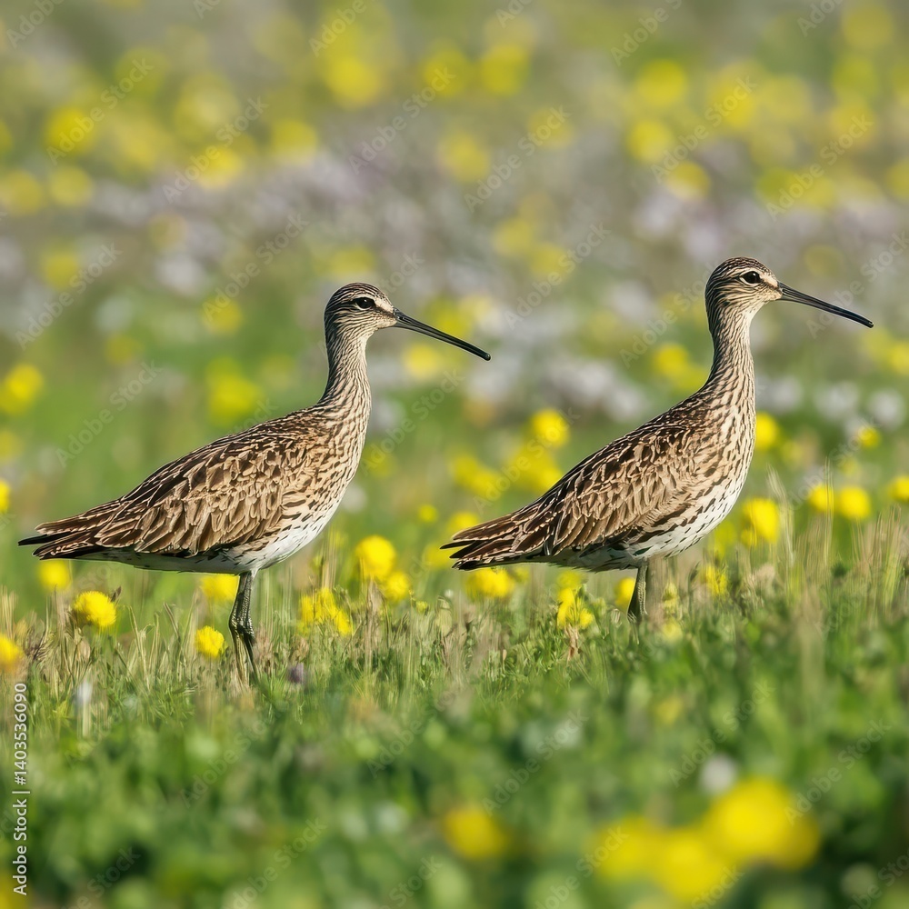 Shorebirds walking through vibrant wildflowers Shorebirds walking through vibrant wildflowers