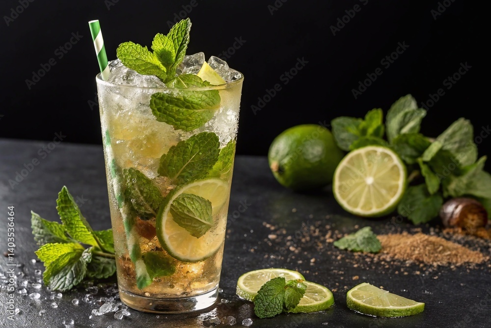 An image of a refreshing mojito with mint, lime, rum and soda. Bright colors and detail are used to convey the atmosphere of a summer vacation. An image of a refreshing mojito with mint, lime, rum and soda. Bright colors and detail are used to convey the atmosphere of a summer vacation.