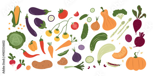 A large set of vegetables on a white background, hand-painted. Fashionable abstract minimalism style. Natural vegetables. The concept of proper nutrition Vector illustration.