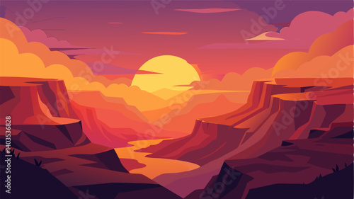The sun sets on the canyon casting a warm glow over the landscape and turning the sky into a canvas of fiery oranges and pinks.
