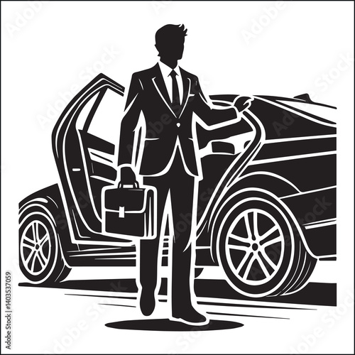 Businessman getting out of of a car silhouette