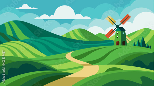 Nestled amidst rolling green hills the windmills blades catch the swirling winds that sweep through the countryside.