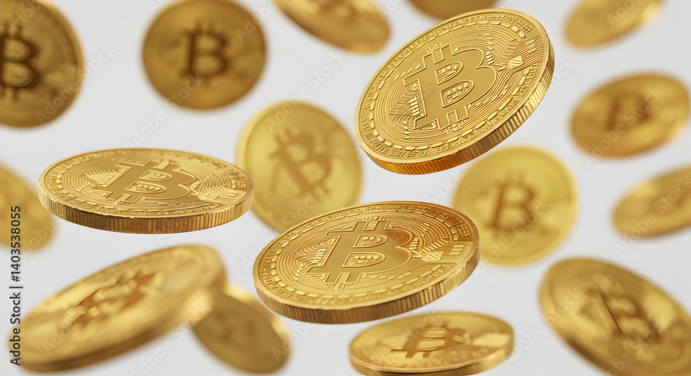 Floating Gold Bitcoin Coins on a White Background Cryptocurrency Digital Currency Floating Gold Bitcoin Coins on a White Background Cryptocurrency Digital Currency