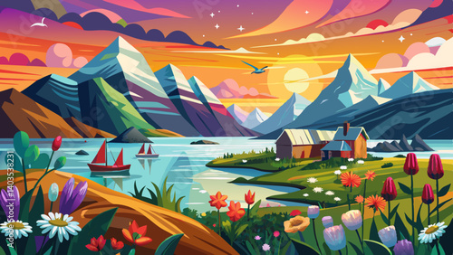Wallpaper norway landscape nature of the mountains of Spitsbergen Longyearbyen Svalbard on a flowers polar day with arctic summer in the sunset
