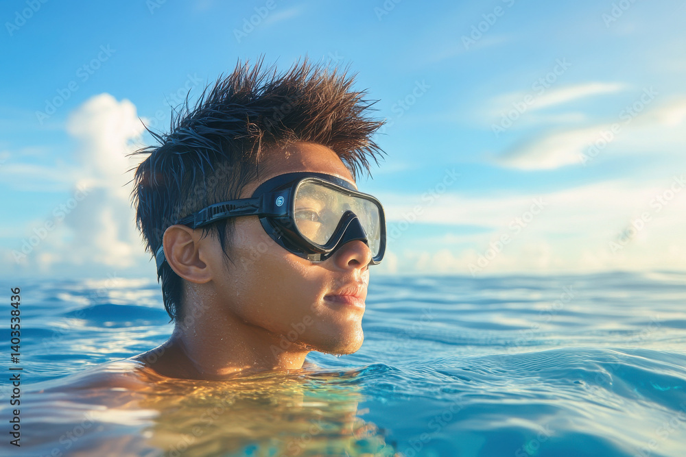 Naklejka premium A young man enjoys a peaceful moment in the ocean, wearing diving goggles and gazing into the clear blue water under a bright sky.