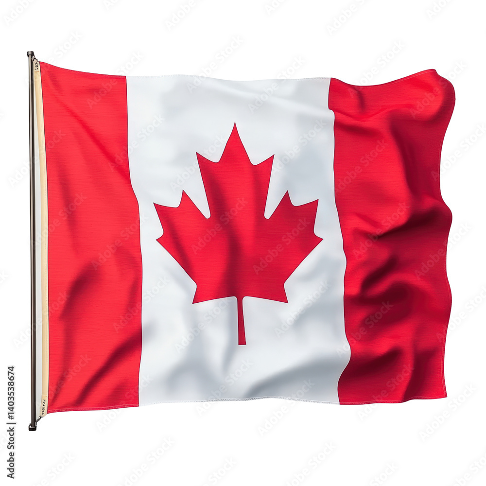 Vibrant canadian flag waving proudly against a clear blue sky in a symbol of national identity and patriotism isolated on a white background. Vibrant canadian flag waving proudly against a clear blue sky in a symbol of national identity and patriotism isolated on a white background.