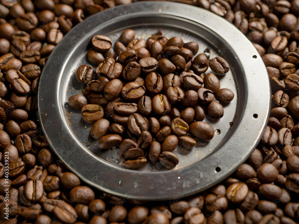 Fototapeta premium Roasted Coffee Beans: A close-up shot showcasing the rich texture and inviting aroma of freshly roasted coffee beans. The focus is on the detail of the beans within the metallic container.
