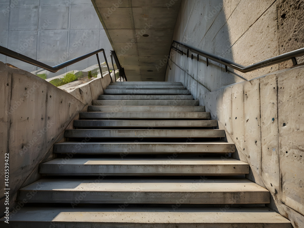 Ascending Concrete Steps: A striking perspective of a concrete staircase leading upwards, capturing the geometric lines and the interplay of light and shadow. Ascending Concrete Steps: A striking perspective of a concrete staircase leading upwards, capturing the geometric lines and the interplay of light and shadow.