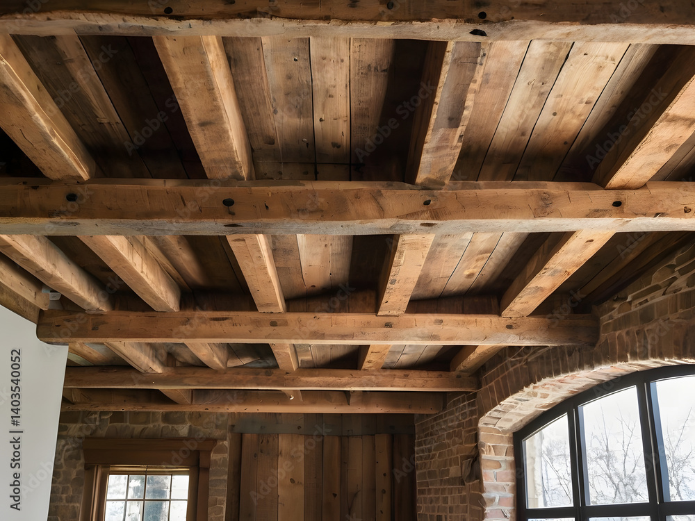 Rustic Ceiling Beams: A captivating view of a meticulously constructed ceiling, featuring aged wooden beams that exude a warm, inviting ambiance and a sense of history and enduring craftsmanship. Rustic Ceiling Beams: A captivating view of a meticulously constructed ceiling, featuring aged wooden beams that exude a warm, inviting ambiance and a sense of history and enduring craftsmanship.