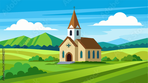 The old church building stands in stark contrast to the vibrant green fields and bright blue sky surrounding it.
