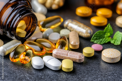 Colorful vitamins and supplements scattered around a wooden surface in a daily health routine context