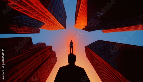 Silhouette figure amidst towering buildings at sunset