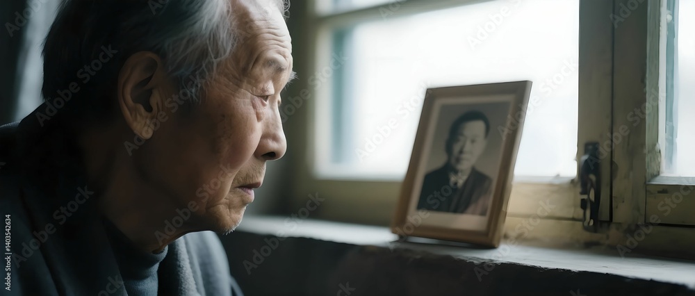 Fototapeta premium The elderly's contemplation on photos represents the concept of remembrance, longing, and emotional reminiscence, as well as symptoms of dementia. It is suitable for promoting themes related to commem