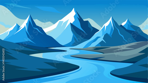 Snowcapped mountains reflecting in the stillness of a glacial river carving its way through the desolate tundra.