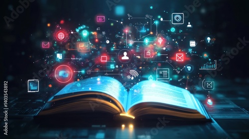 Open book, digital icons, dark background, knowledge, education