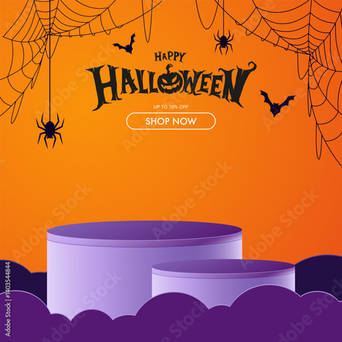 Happy halloween design with podium. Vector background for displaying products. Halloween ready template surrounded by cobwebs.