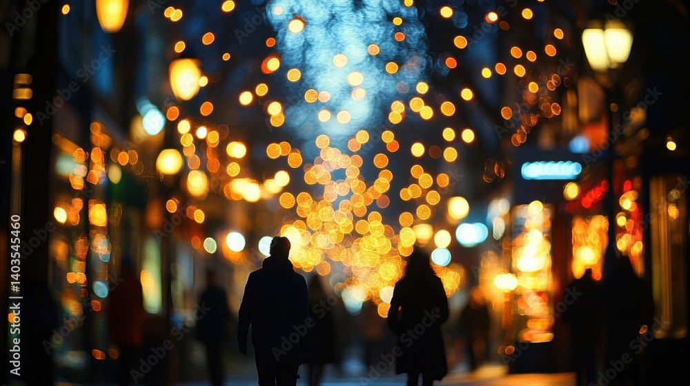 Silhouetted figures walking through a festive, illuminated street scene Silhouetted figures walking through a festive, illuminated street scene