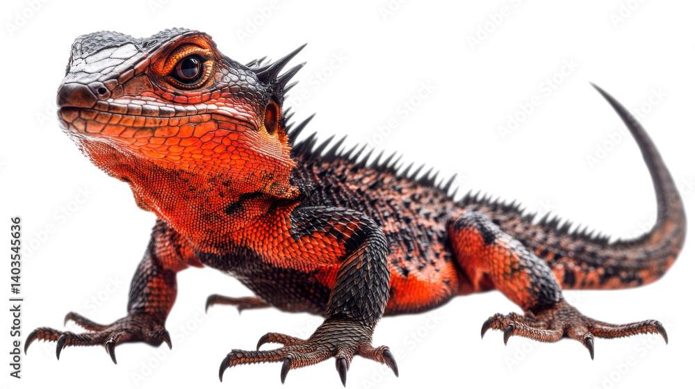 Obraz premium Fiery Reptile Majesty: A captivating image of an vibrant reptile, boasting intricate scales and formidable spines, stands proudly. An awe-inspiring example of animal.