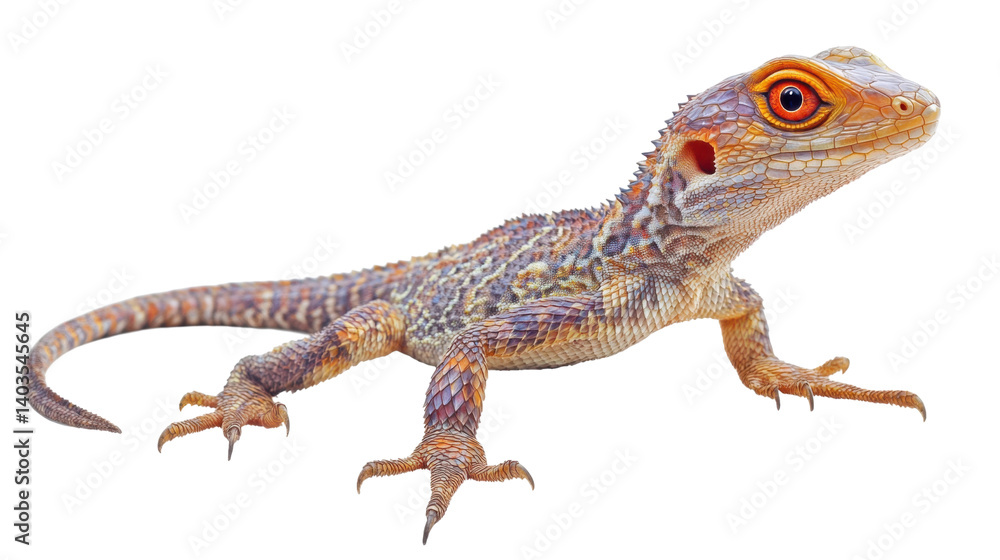 Naklejka premium Orange-Eyed Lizard: A vibrant, orange-eyed lizard with intricate patterned scales is showcased against a clean background, exhibiting its unique beauty and reptilian charm.