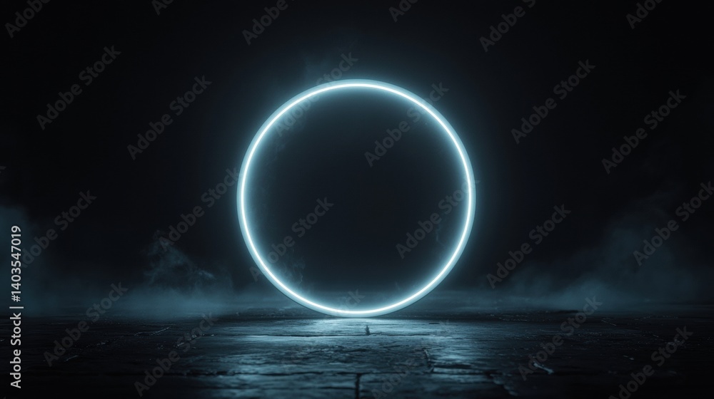 A glowing blue circle in the center of a dark, foggy room. A glowing blue circle in the center of a dark, foggy room.