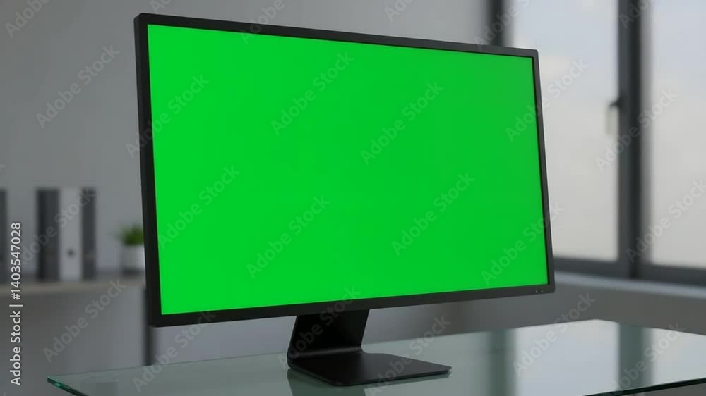 Green screen monitor in minimal office setup Green screen monitor in minimal office setup