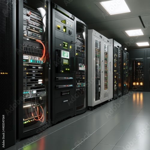 High-tech server room with blinking lights and humming servers - Power center Data