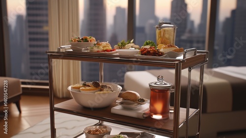 Wallpaper Mural Luxurious food cart with gourmet dishes and beverages in a high-rise urban setting at sunset Torontodigital.ca