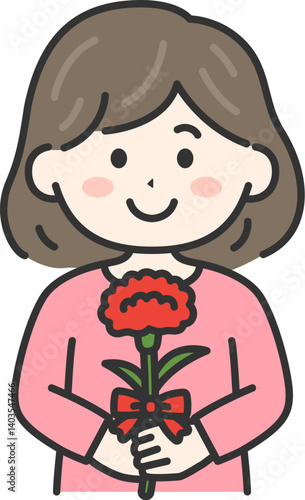 母の日に、カーネーションをプレゼントされた、女性（線画カラー）のイラスト