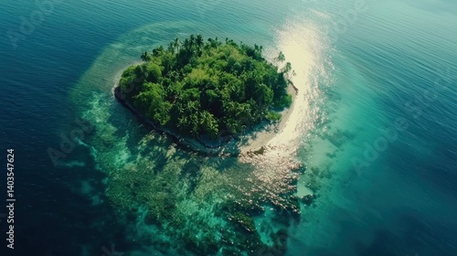 Aerial view of tropical island, ocean, beach, sunlight, paradise, vacation