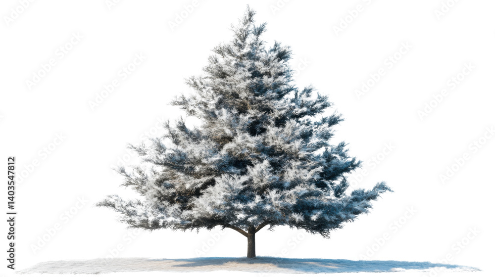Fototapeta premium Snowy Pine Tree: A majestic pine tree, laden with fresh snow, stands tall against a clear background, evoking a sense of winter tranquility and natural beauty. 