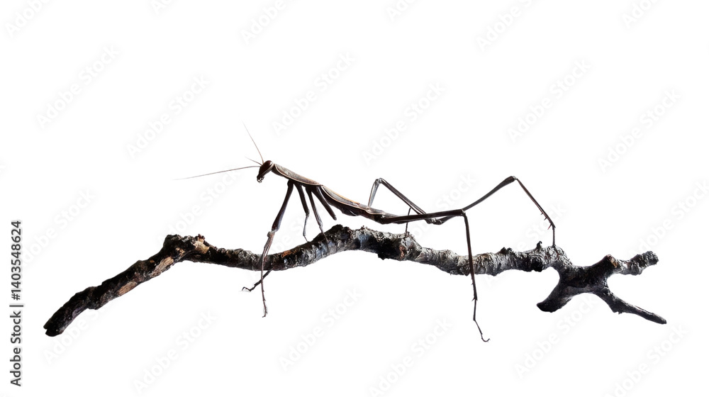 Stick Insect on Branch: A captivating image of a stick insect, perfectly camouflaged, delicately poised on a textured tree branch. Stick Insect on Branch: A captivating image of a stick insect, perfectly camouflaged, delicately poised on a textured tree branch.