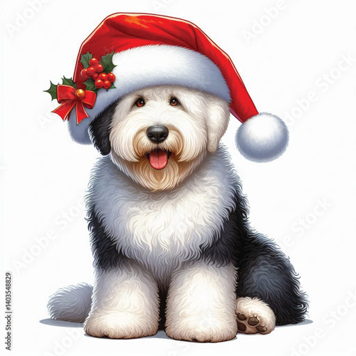 Christmas Old English Sheepdog Dog wearing santa claus hat Cartoon Vector Illustration isolated