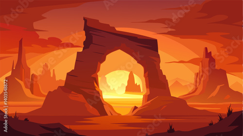 The fiery sunset casts an orange glow on the towering rock arch creating a dramatic and otherworldly scene.