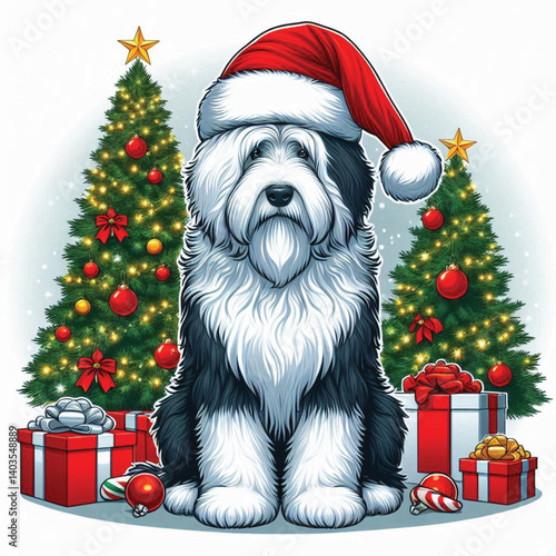 Christmas Old English Sheepdog Dog wearing santa claus hat Cartoon Vector Illustration isolated