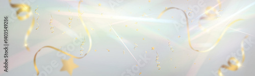 Gold confetti celebration background, festive shiny ribbons and stars, soft light pastel glow.
