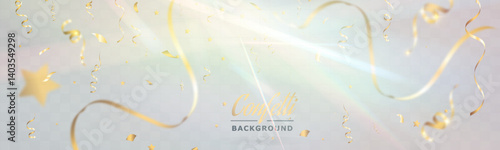 Gold confetti celebration background, festive shiny ribbons and stars, soft light pastel glow.
