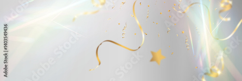 Gold confetti celebration background, festive shiny ribbons and stars, soft light pastel glow.
