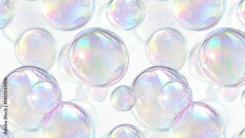 Seamless animation of iridescent soap bubbles floating in a white background.