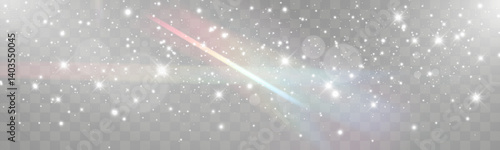 Snowfall with prism light effect, soft winter background, falling snowflakes on transparent backdrop, christmas seasonal design.
