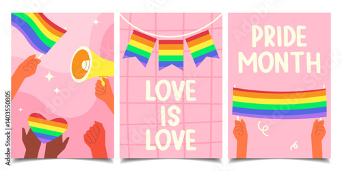 Pride Month concept. Set of posters, templates with LGBT symbols